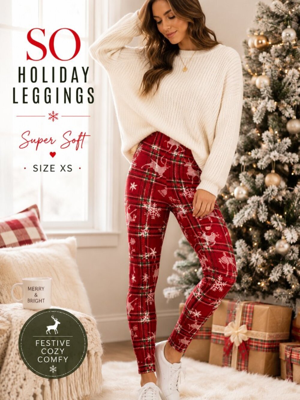 SO Red Plaid Reindeer Snowflake Christmas Pajama Leggings XS